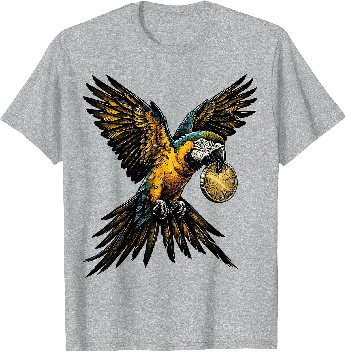 Men's Pirate Parrot Flying with Golden Coin T-Shirt - Heather Grey