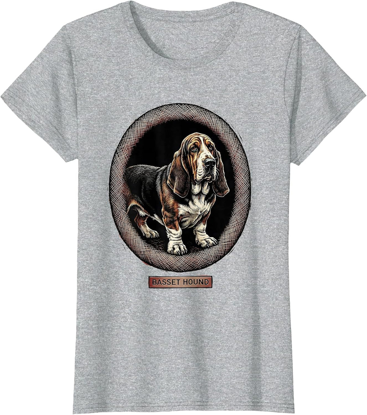 Women's Basset Hound Minimalist Badge Patch Line Art Animal T-Shirt - Heather Grey