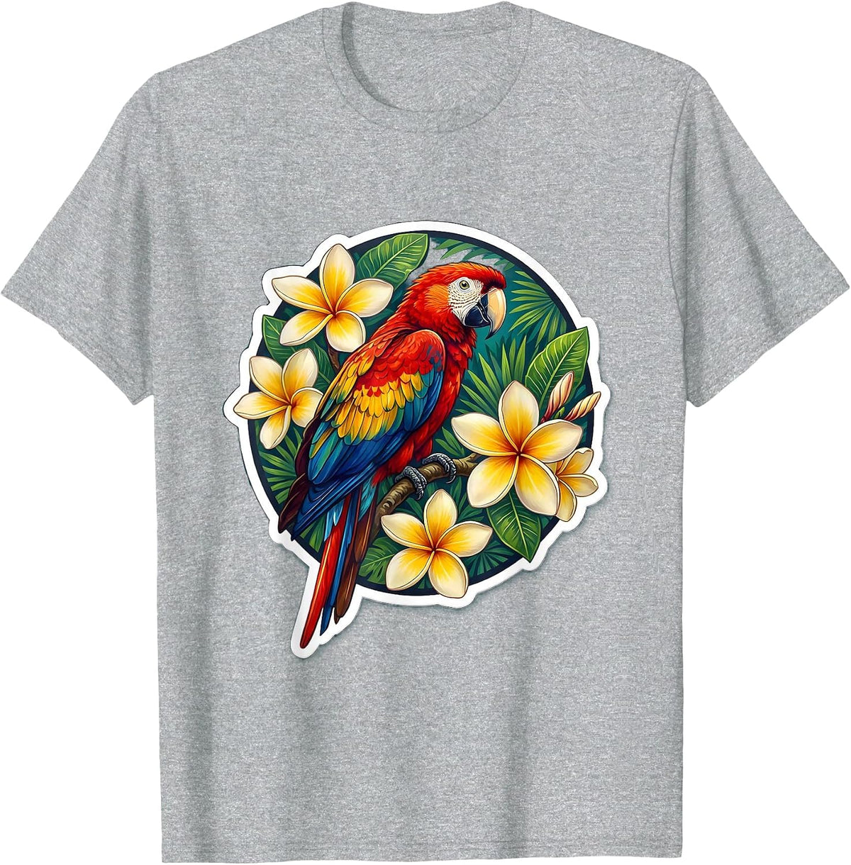 Men's Macaw Parrot Plumeria Hawaiian Floral Design T-Shirt - Heather Grey