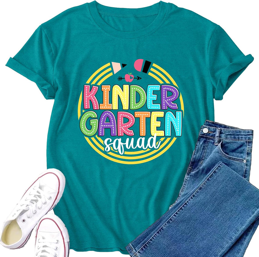 Teacher Shirt for Women Kindergarten Squad T-Shirts Kindy Teacher Life Tee Tops - Cyan