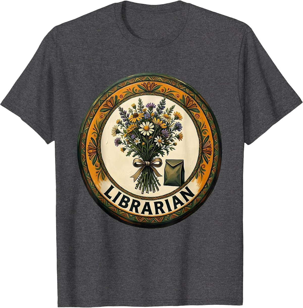 Men's Librarian Folk Art Teacher Appreciation Gift School Start T-Shirt - Dark Heather Grey