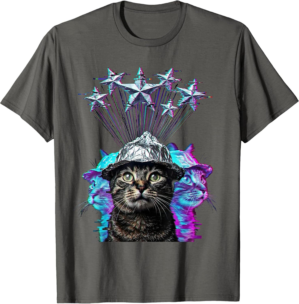 Conspiracy Cat Tinfoil Hat Stargazing Design T-Shirt - Asphalt Grey