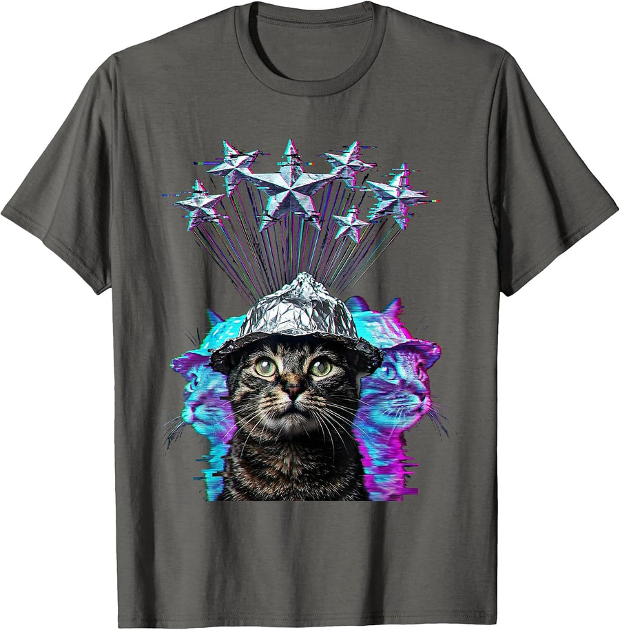 Conspiracy Cat Tinfoil Hat Stargazing Design T-Shirt - Asphalt Grey