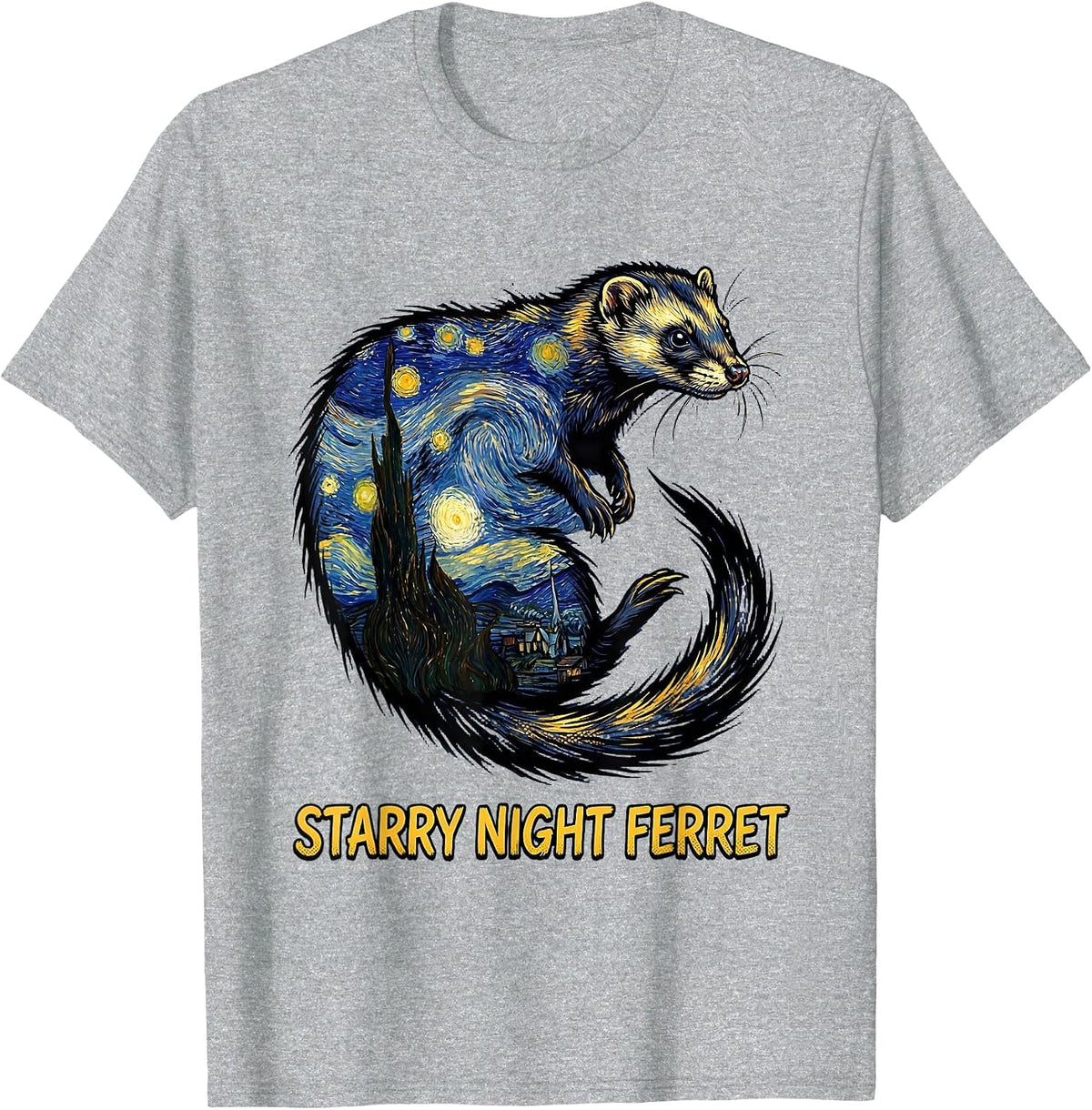 Men's Starry Night Ferret Comic Book Ferret Lover Art Homage T-Shirt - Heather Grey