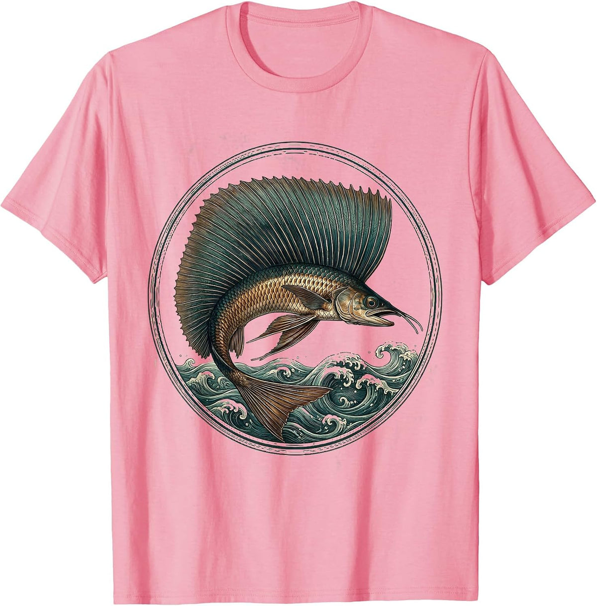 Men's Flying Fish Soaring Over Ocean Waves Graphic T-Shirt - Pink