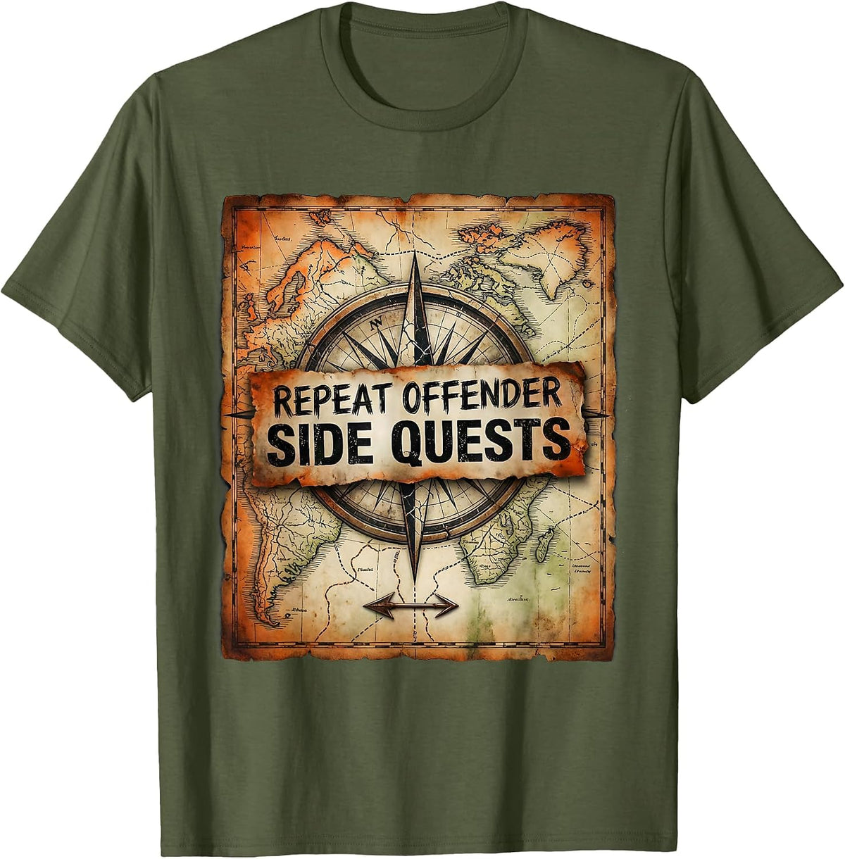 Men's Repeat Offender Side Quests Distressed RPG Gamer Humor T-Shirt - Olive Green