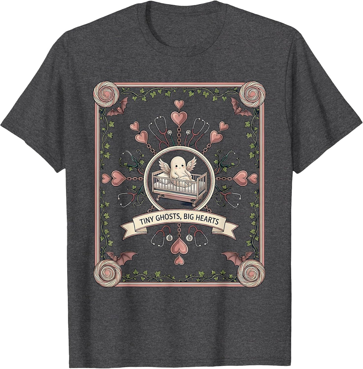 Tiny Ghosts Big Hearts Halloween NICU Nurse Design T-Shirt - Dark Heather Grey