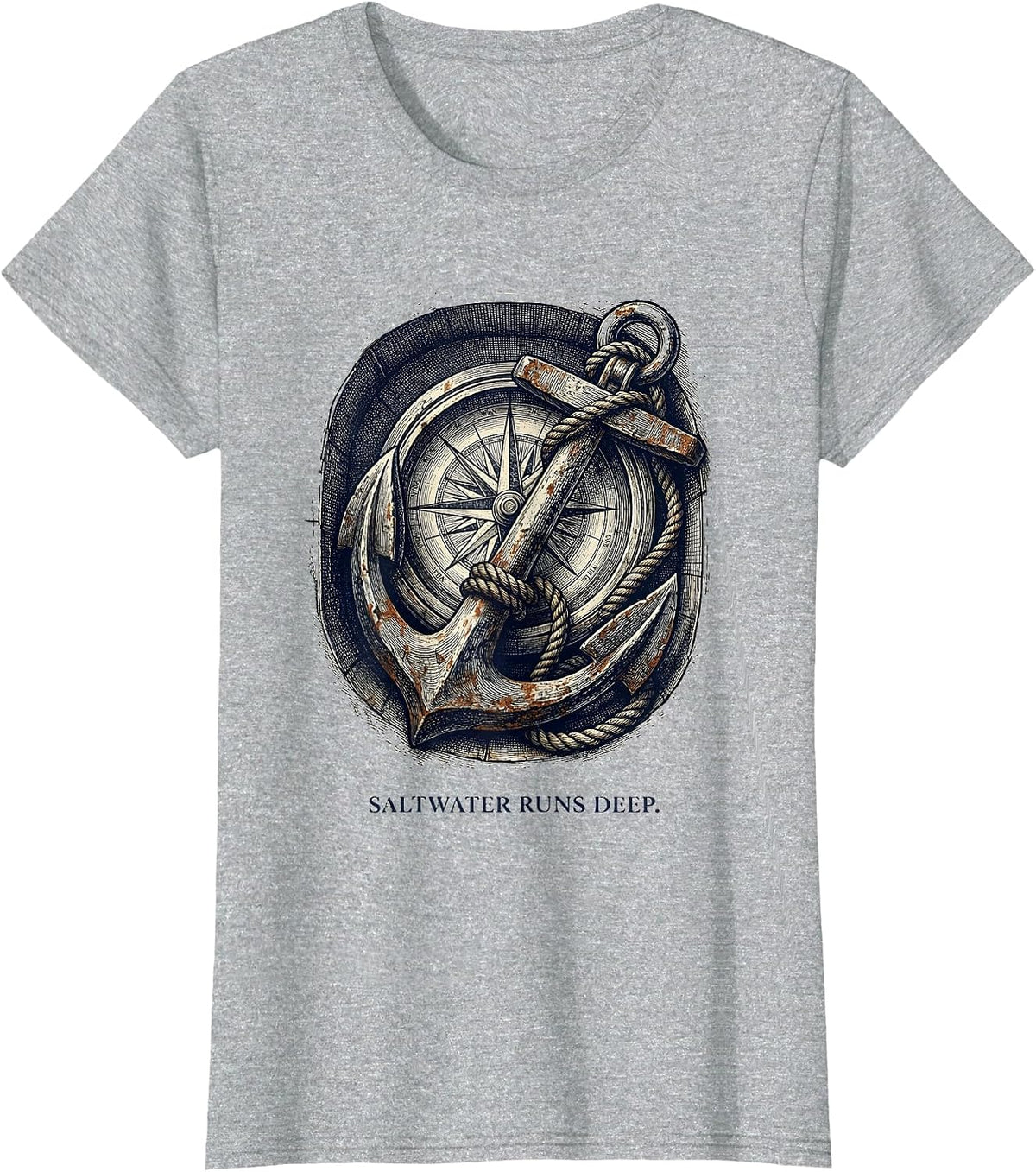 Women's Saltwater Runs Deep Sailor Graphic Design T-Shirt - Heather Grey