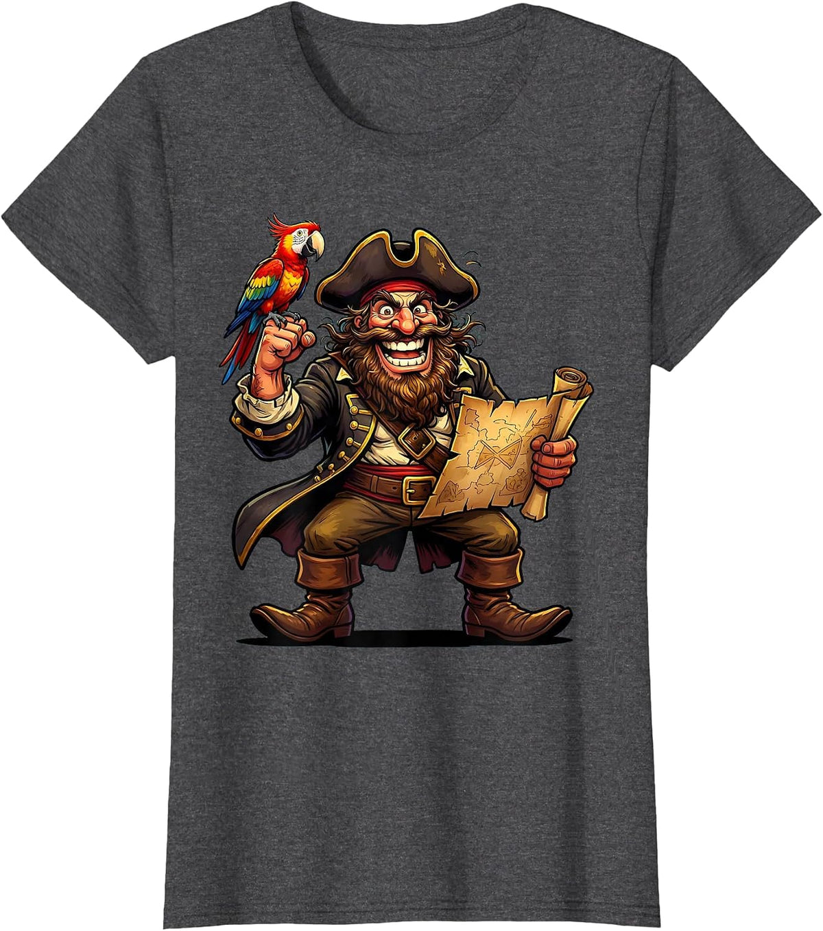 Women's Bearded Pirate Parrot and Treasure Map Graphic T-Shirt - Dark Heather Grey