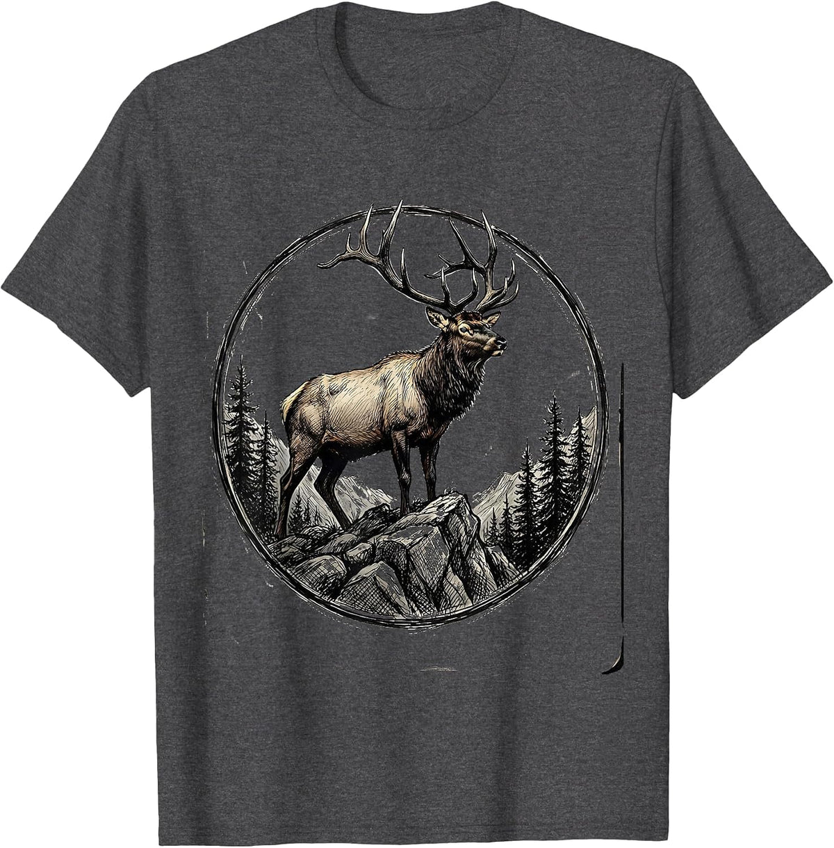 Bull Elk on Rocky Mountain Ridge Illustration T-Shirt - Dark Heather Grey