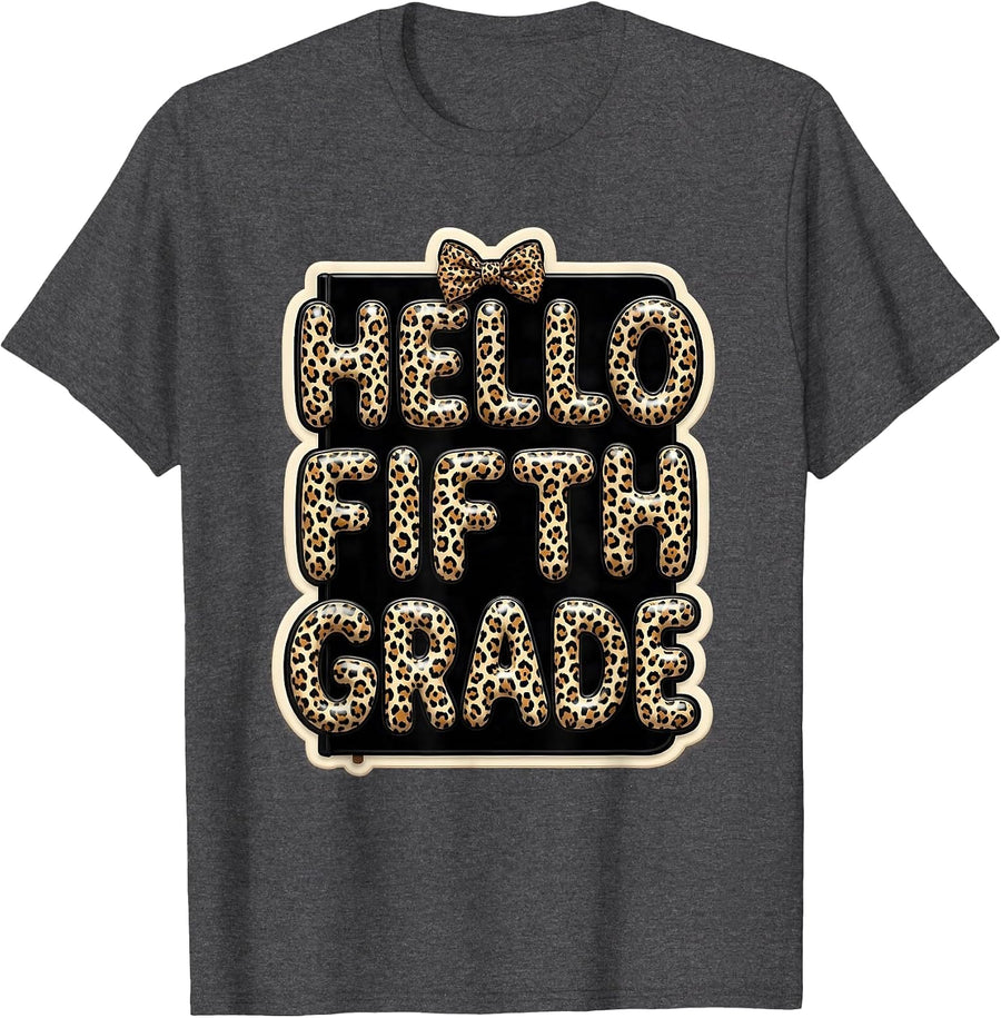 Men's Hello Fifth Grade Leopard Teacher Back To School Girl T-Shirt - Dark Heather Grey