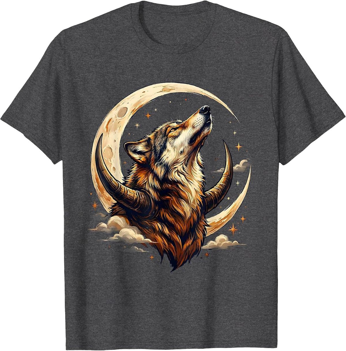 Men's Wolf Head Crescent Moon Graphic Design T-Shirt - Dark Heather Grey