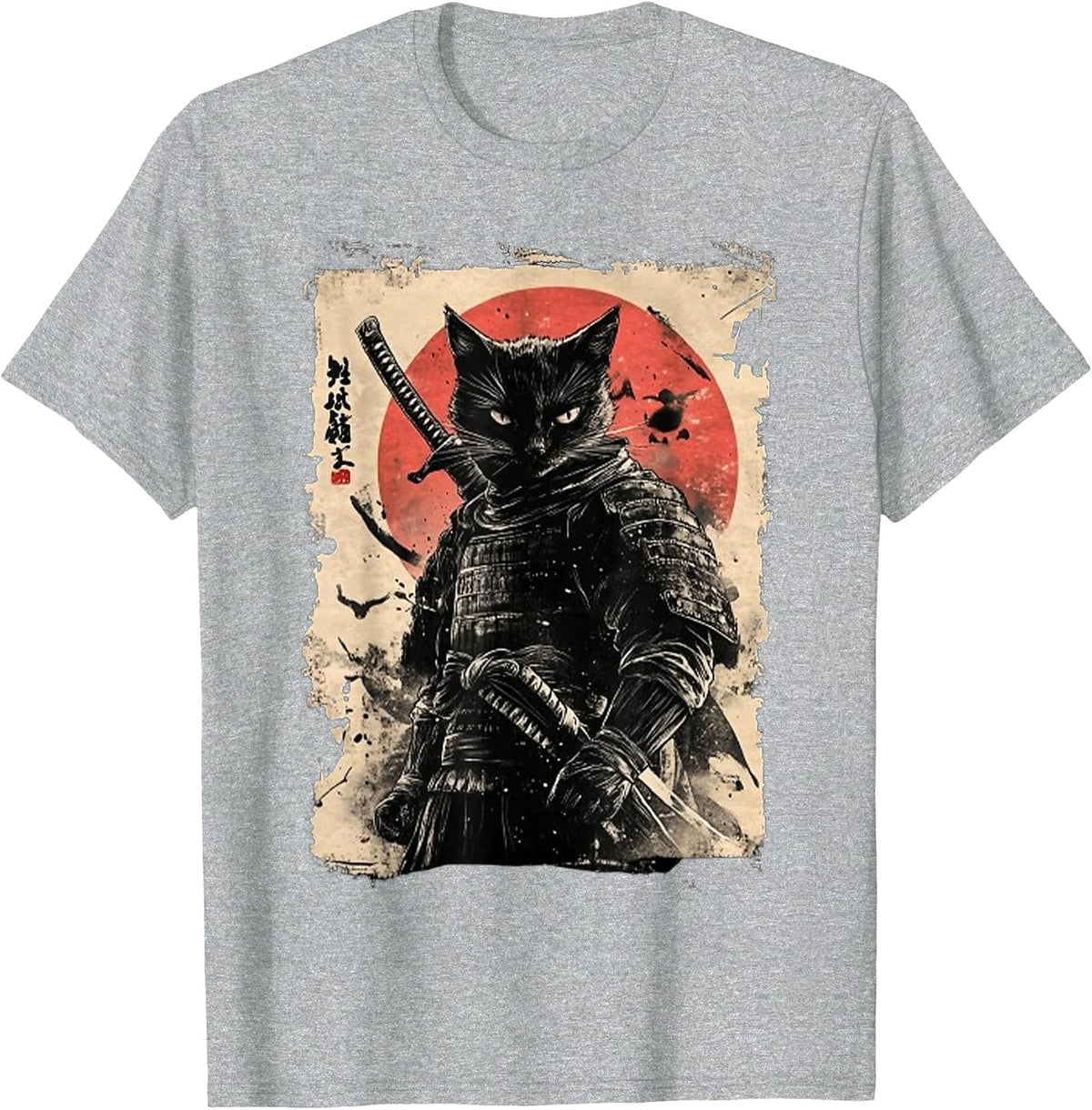 Vintage Japanese Art Anime Graphic Samurai Cat Warrior Tees T Shirts - Heather Grey