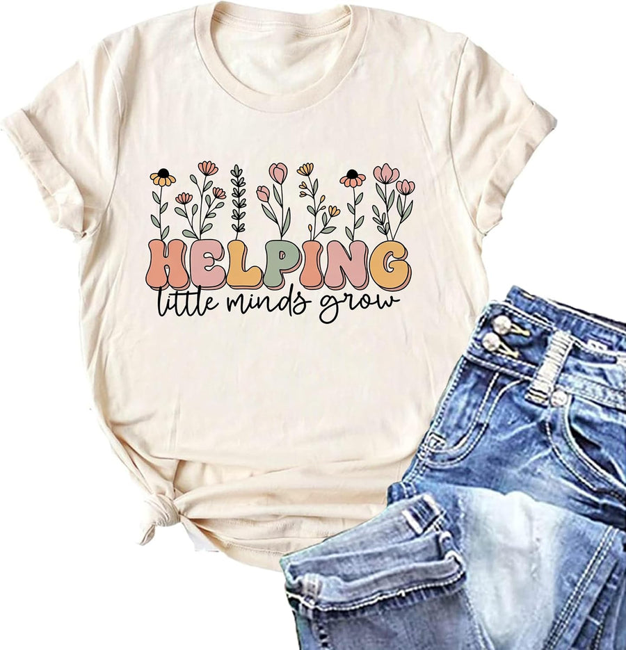 Teacher Shirts for Women Helping Little Minds Grow T-Shirts Kindergarten Preschool Teacher Tee Short Sleeve Tops - Beige