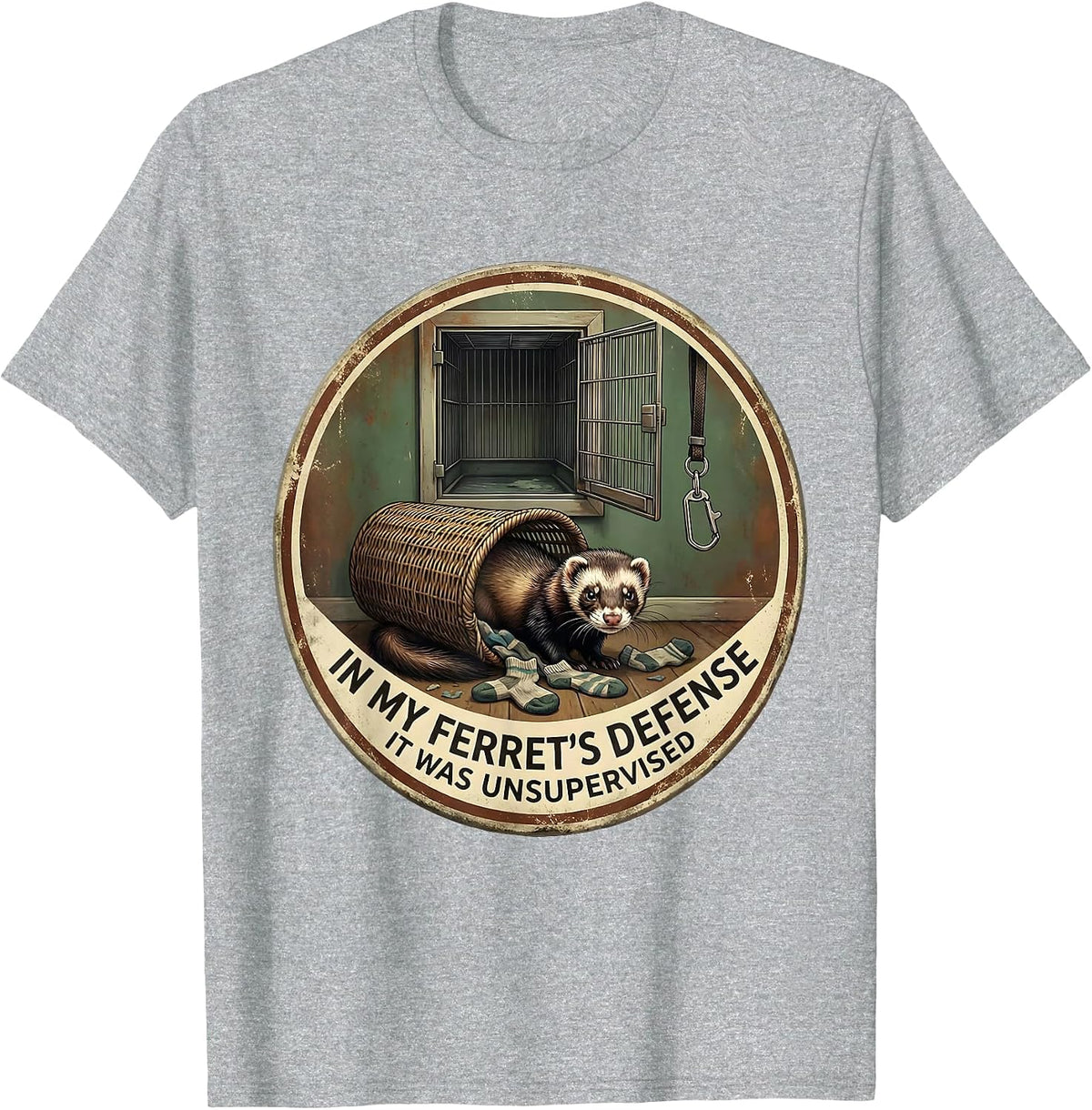 In My Ferret's Defense, It Was Unsupervised Funny T-Shirt, Men, Heather Grey, Large - As Pictured