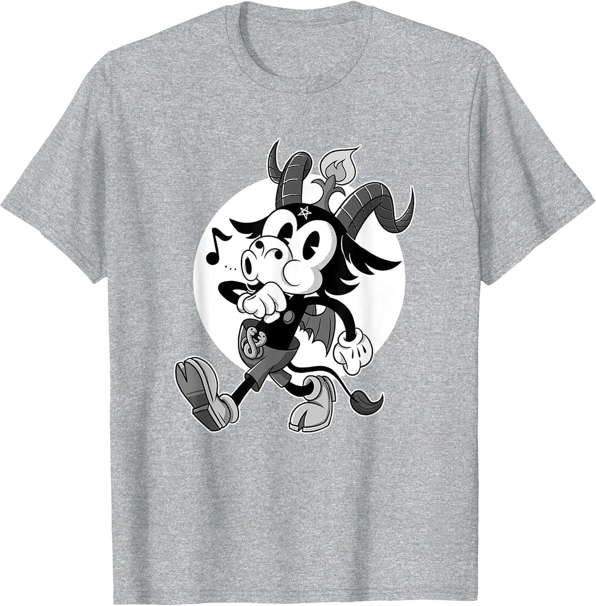 Atheist Satan Baphomet Goat Retro Cartoon Black and White T-Shirt - Heather Grey