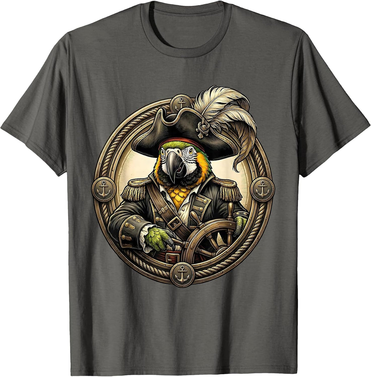 Pirate Captain Parrot Novelty Graphic Design T-Shirt - Asphalt Grey