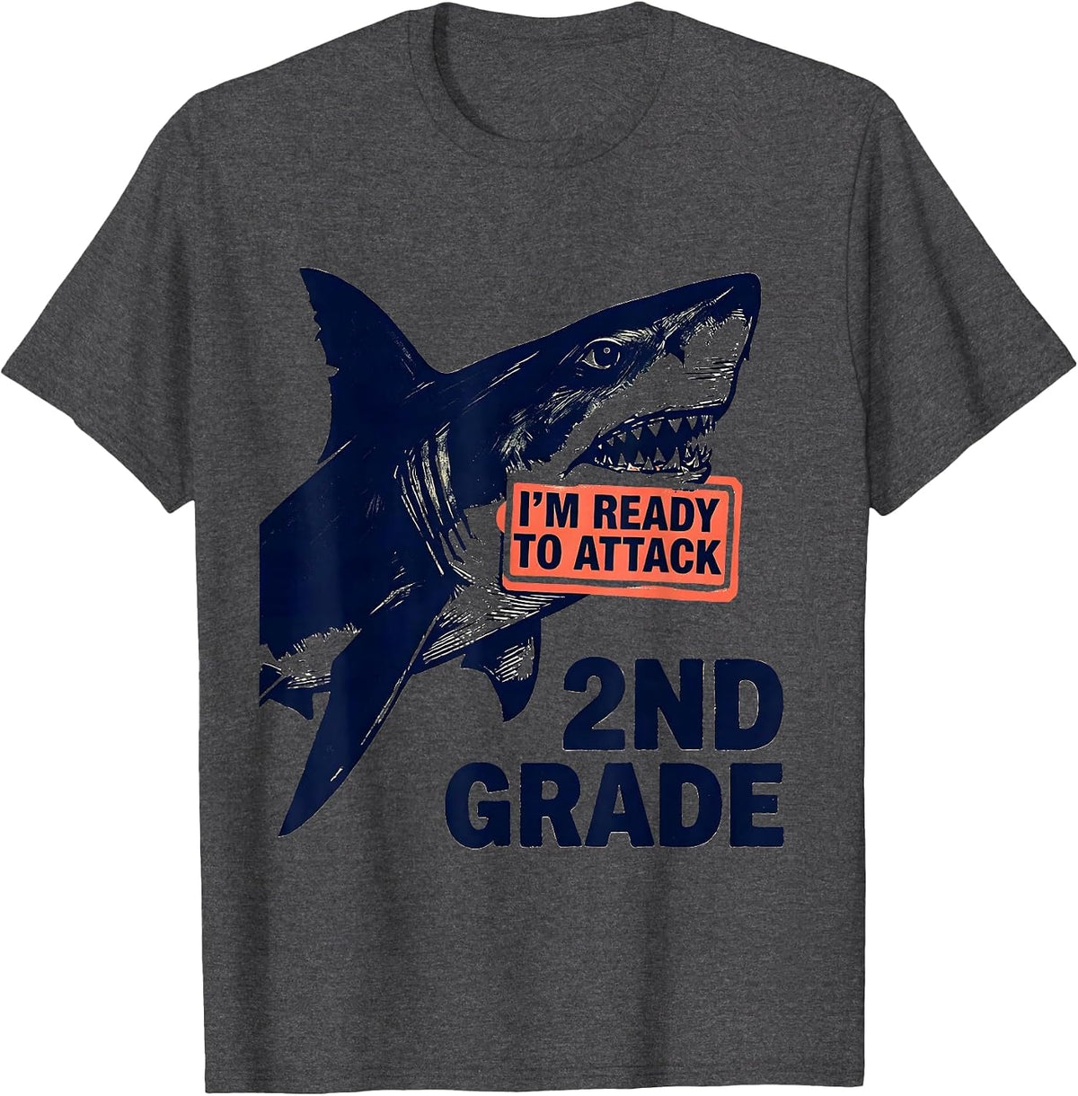 I'm Ready To Attack 2nd Grade Linocut Shark Back To School T-Shirt - Dark Heather Grey