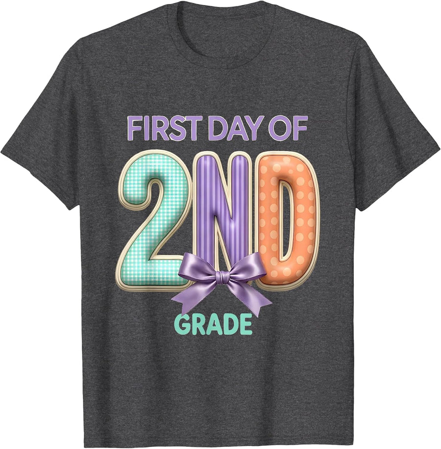 Men's First Day Of 2nd Grade Coquette Bow Back To School Teacher T-Shirt - Dark Heather Grey
