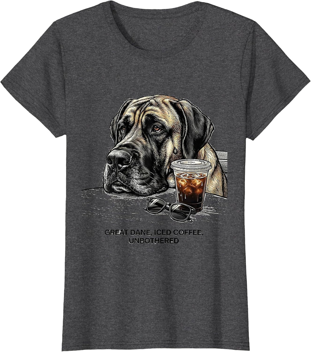 Women's Great Dane Iced Coffee Unbothered Funny Dog Lover Meme T-Shirt - Dark Heather Grey