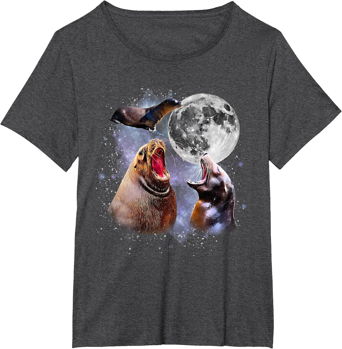 Retro Three California Sea Lion Moon Ocean Marine Animal T-Shirt - Dark Heather Grey