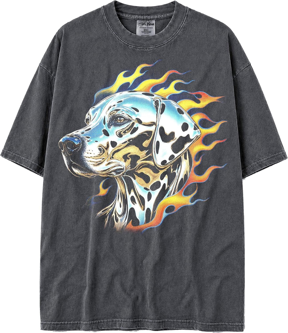 U.S.A. MAX-Heavyweight Shaka Wear 7.5oz 100% Cotton Oversized Tshirt - Chromed Out Animals with Flames - Dalmatian