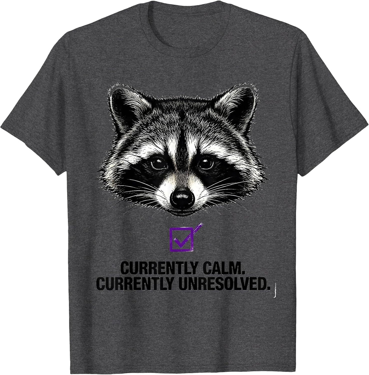 Men's Currently Calm Currently Unresolved Funny Raccoon Humor T-Shirt - Dark Heather Grey