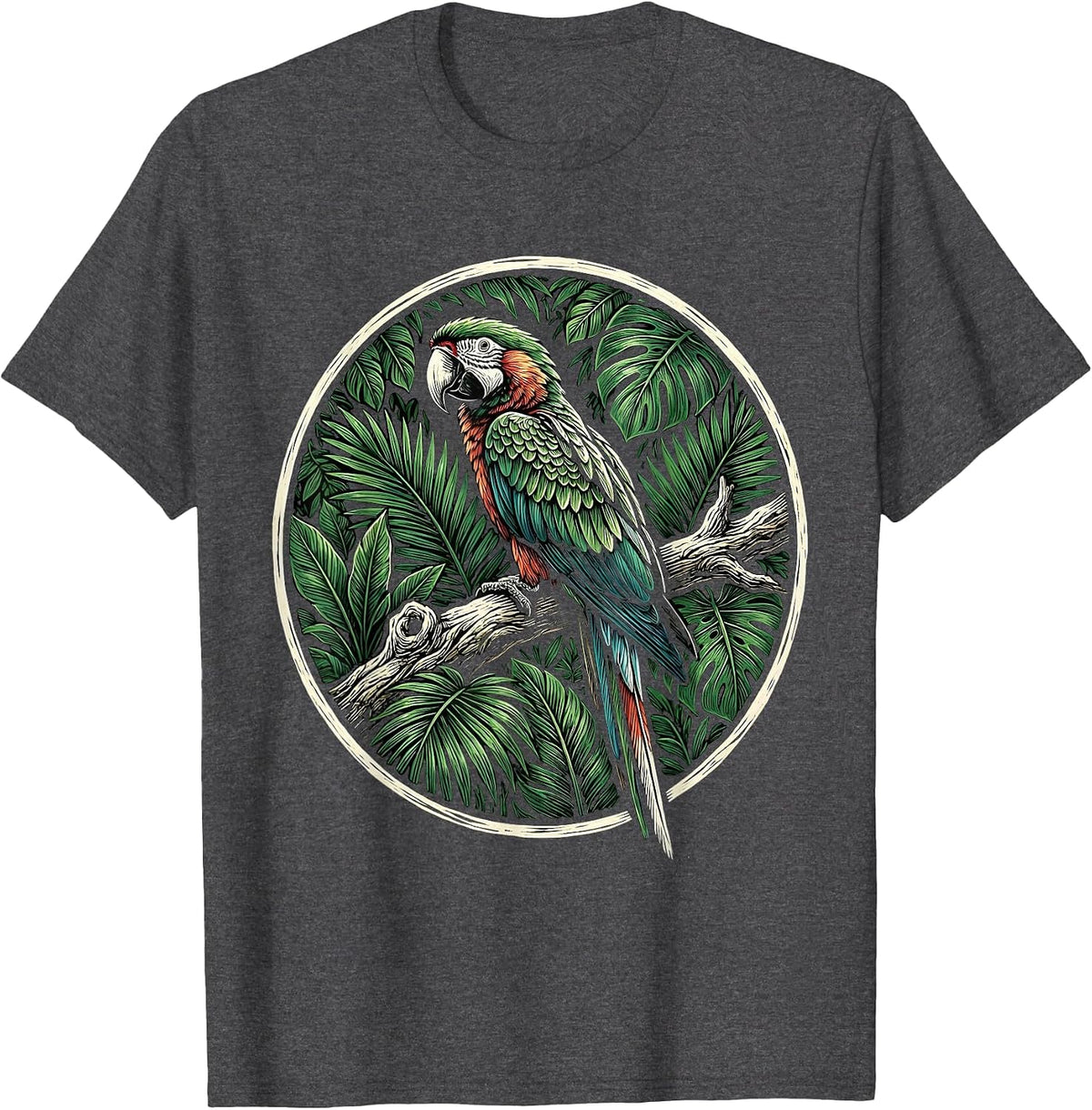Puerto Rican Parrot Jungle Canopy Illustration T-Shirt - Dark Heather Grey