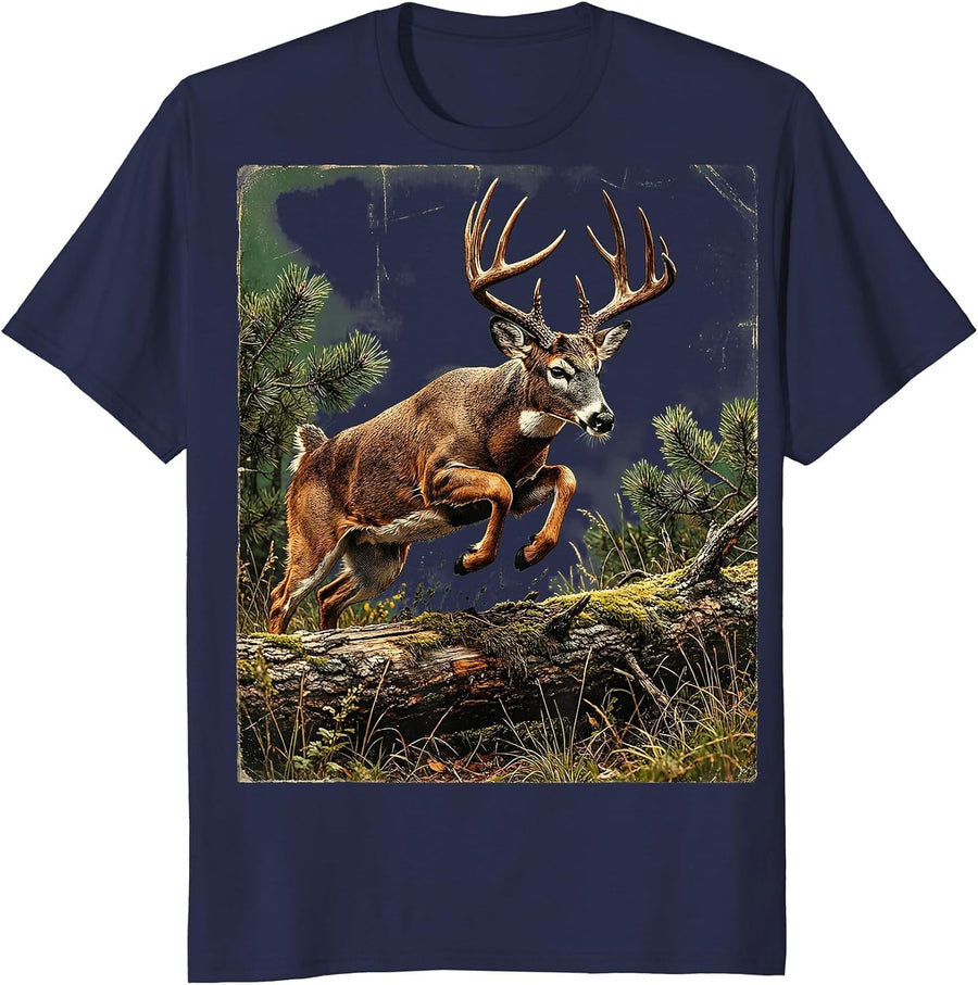 Whitetail Deer Leaping Over Fallen Log T-Shirt - Navy Blue