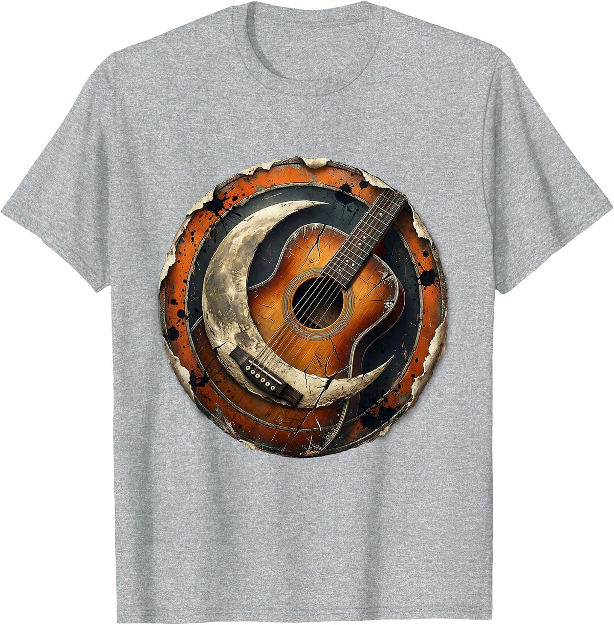 Men's Crescent Moon Acoustic Guitar Illustration T-Shirt - Heather Grey