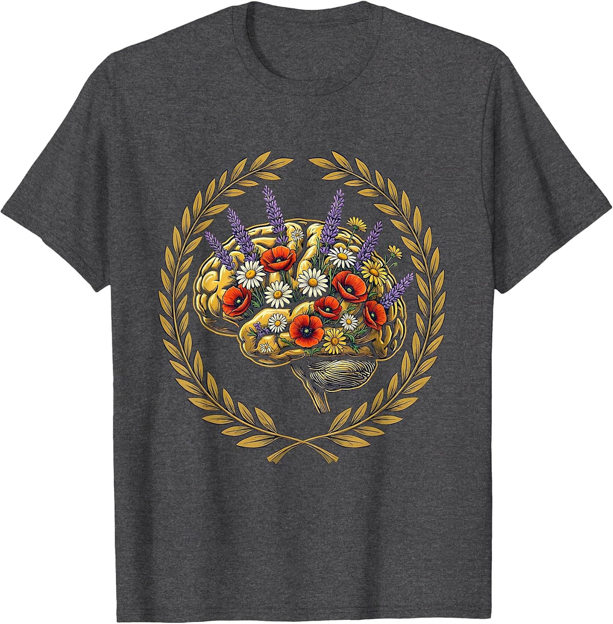 Men's Autism Awareness Wildflower Brain Illustration T-Shirt - Dark Heather Grey