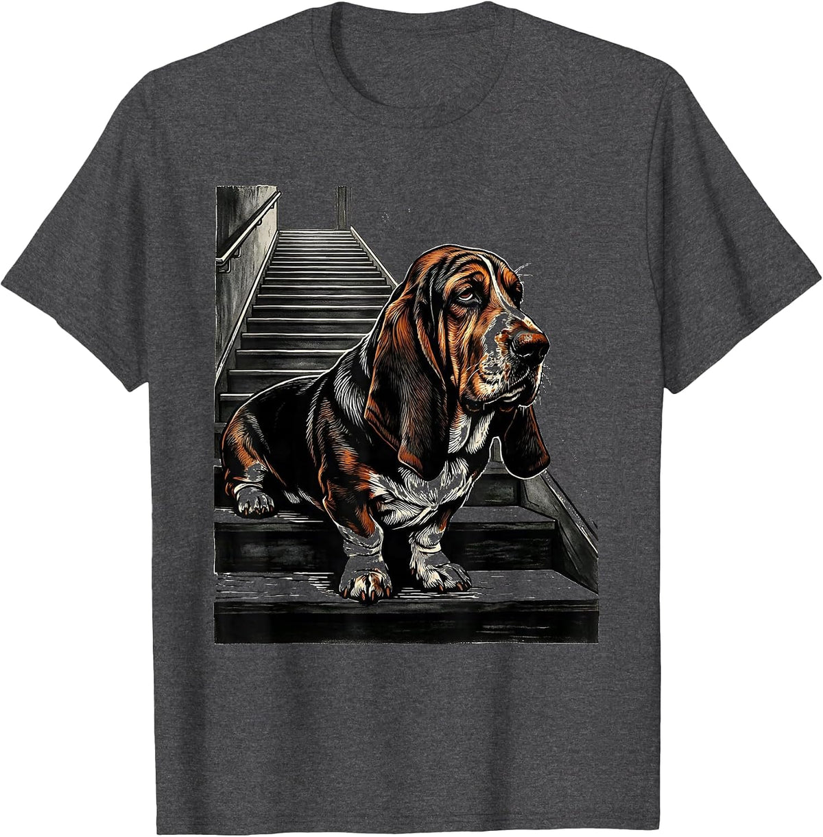 Basset Hound Dog Breed Funny Linocut Art T-Shirt - Dark Heather Grey