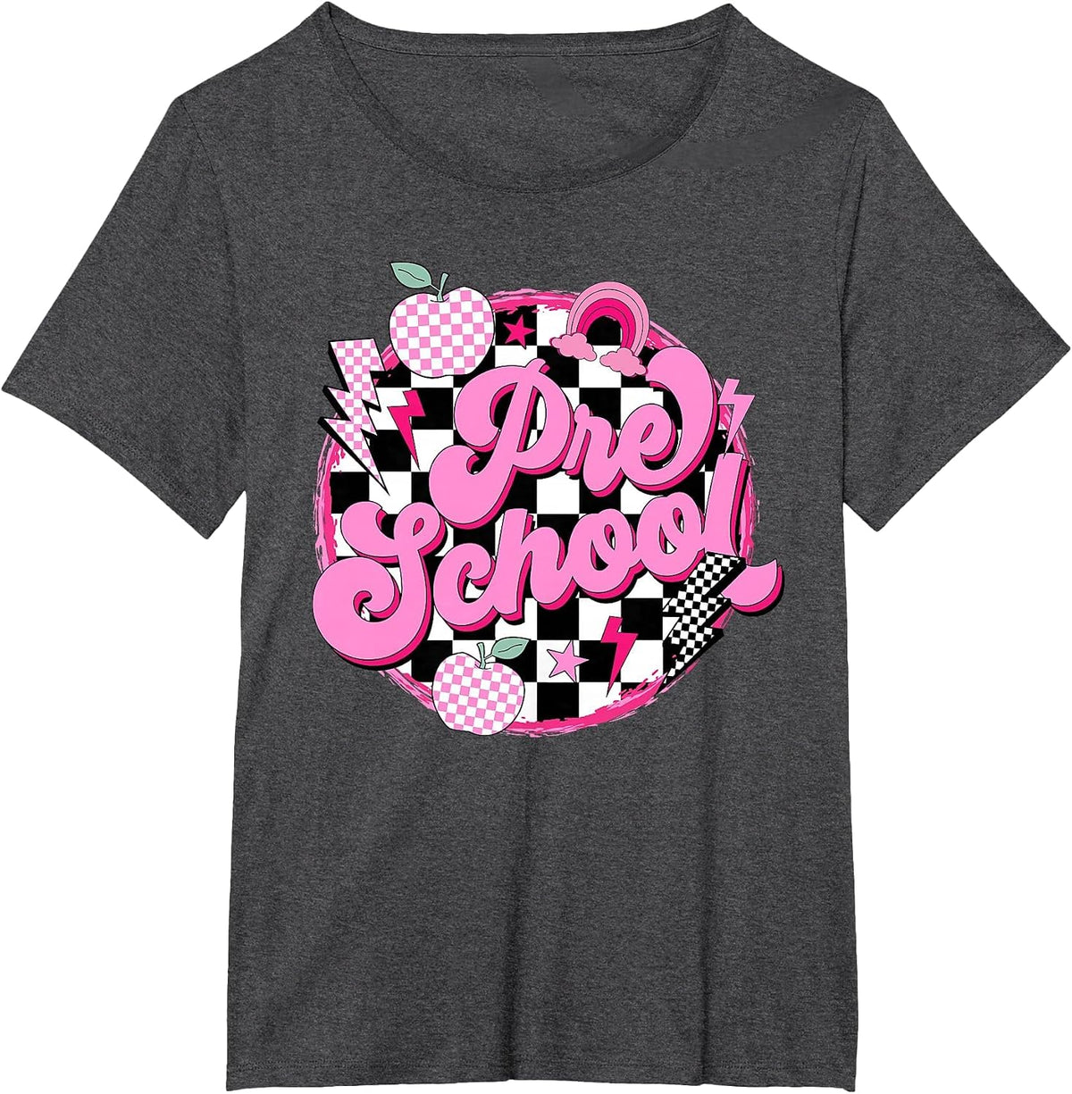 Preschool Teacher Women Retro Checkered First Day of School T-Shirt - Dark Heather Grey