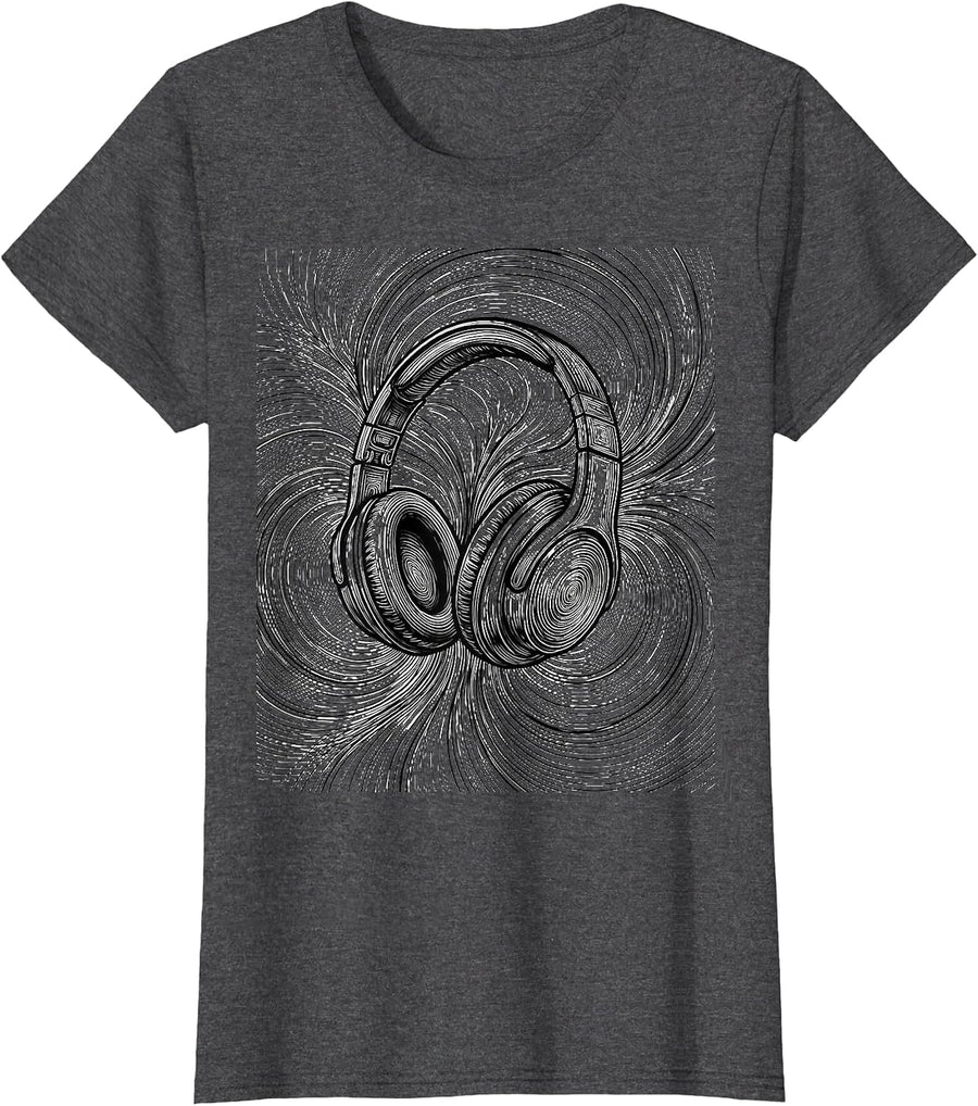 Women's Autism Awareness Headphones Sound Waves Graphic T-Shirt - Dark Heather Grey