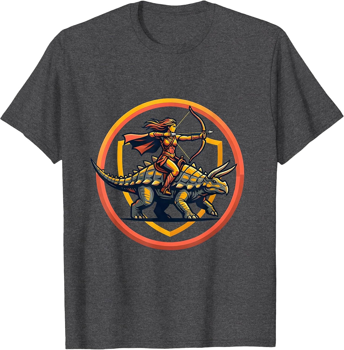 Archer Riding Ankylosaur Dinosaur Art T-Shirt - Dark Heather Grey