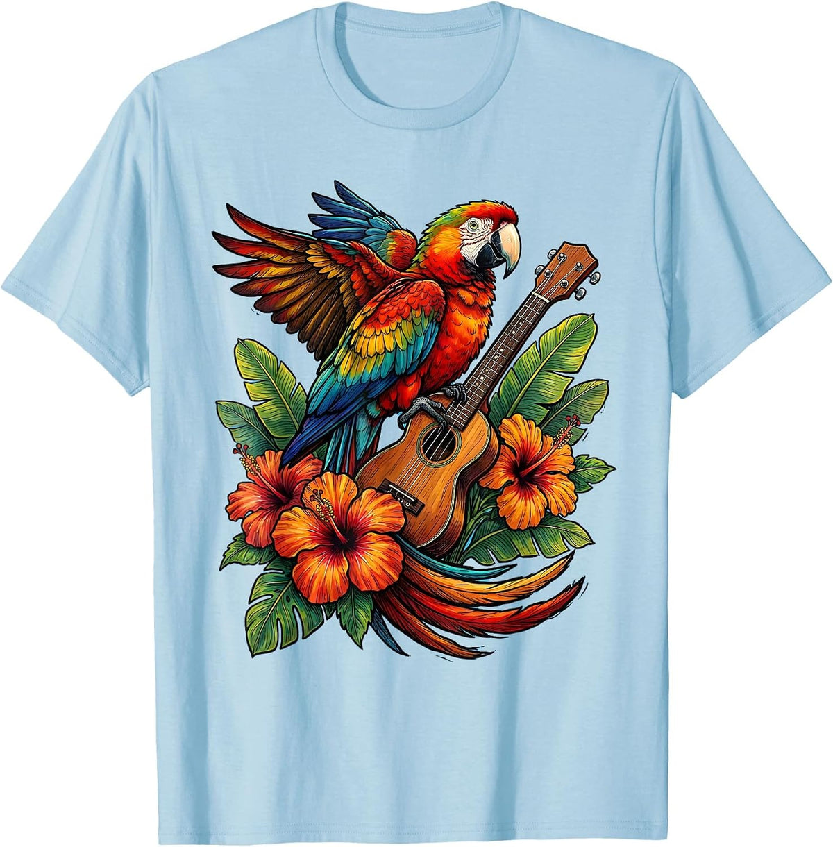 Men's Colorful Parrot on Ukulele Hawaiian Design T-Shirt - Baby Blue