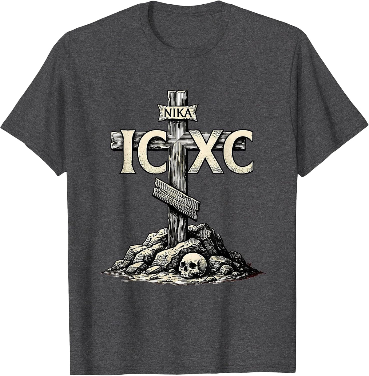 IC XC NIKA Vintage Eastern Orthodox Cross Christogram Skull T-Shirt - Dark Heather Grey