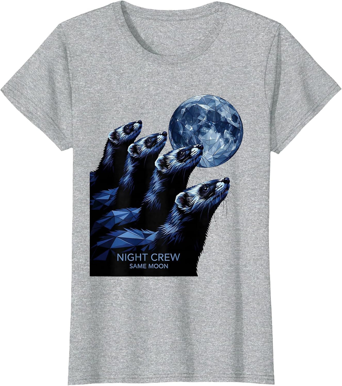 Night Crew, Same Moon Geometric Ferret Wildlife Lover Meme T-Shirt - Heather Grey