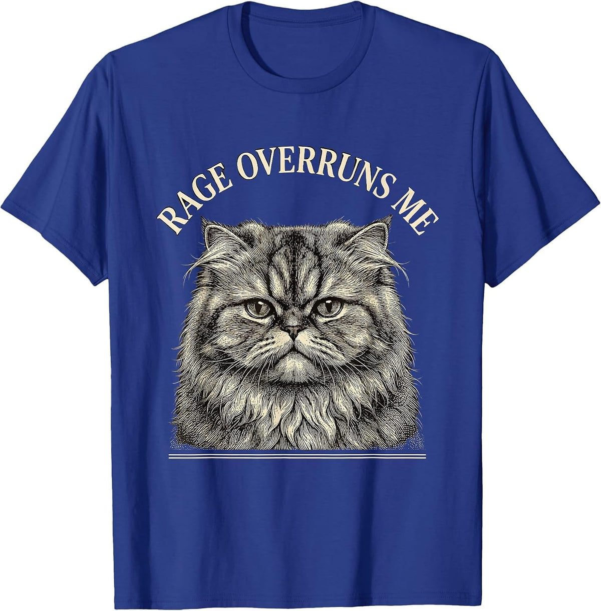 Rage Overruns Me Crosshatch Etching Persian Cat Meme Humor T-Shirt - Royal Blue