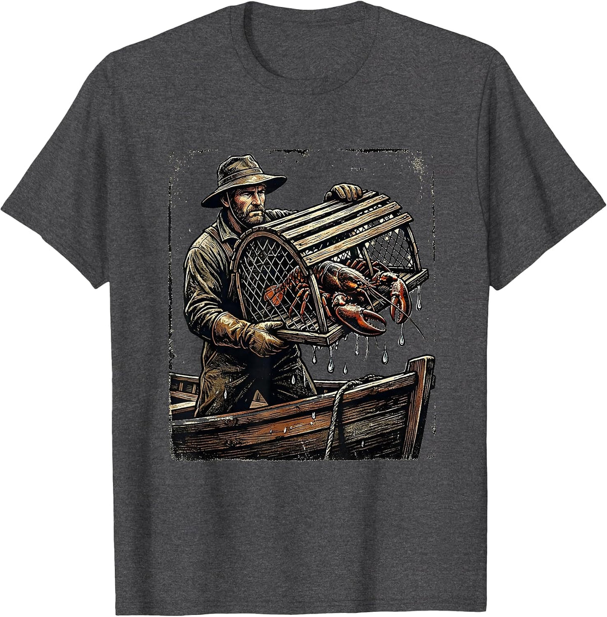Lobster Trap Haul Fisherman Boat Graphic T-Shirt - Dark Heather Grey