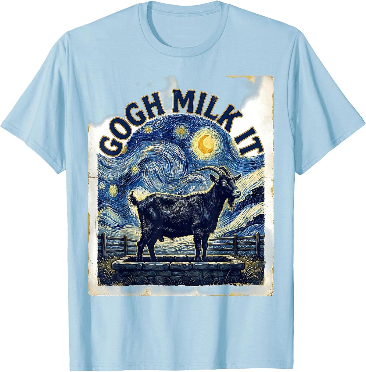 Men's Gogh Milk It Vintage Funny Cat Lover Art Parody T-Shirt - Baby Blue