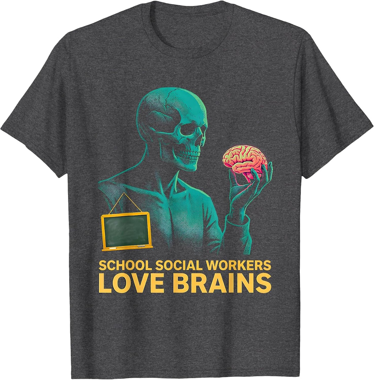 School Social Workers Love Brains Risograph Halloween Humor T-Shirt - Dark Heather Grey