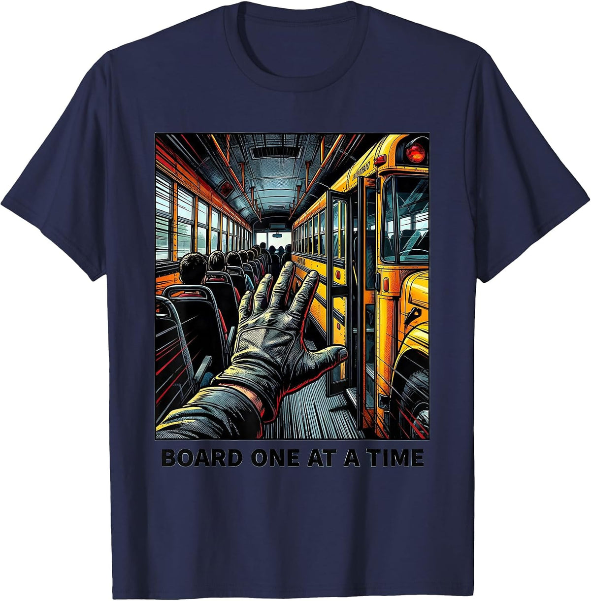 Men's Board One At A Time Comic Book School Bus Driver Humor T-Shirt - Navy Blue