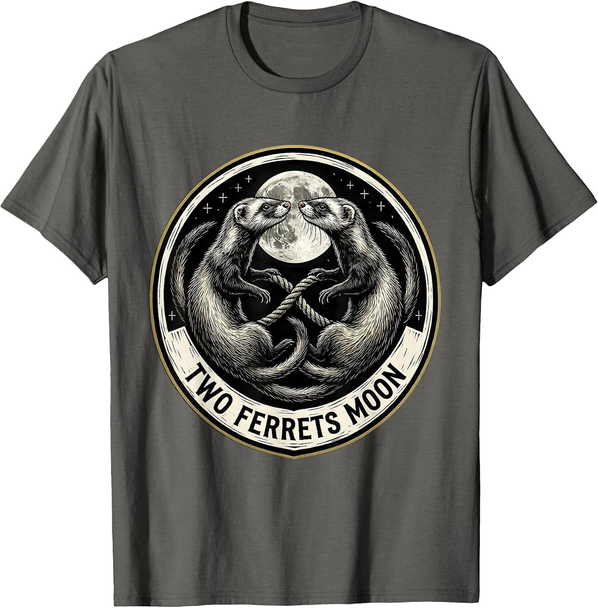 Two Ferrets Moon Woodcut Engraving Funny Ferret Lover Gift T-Shirt - Asphalt Grey