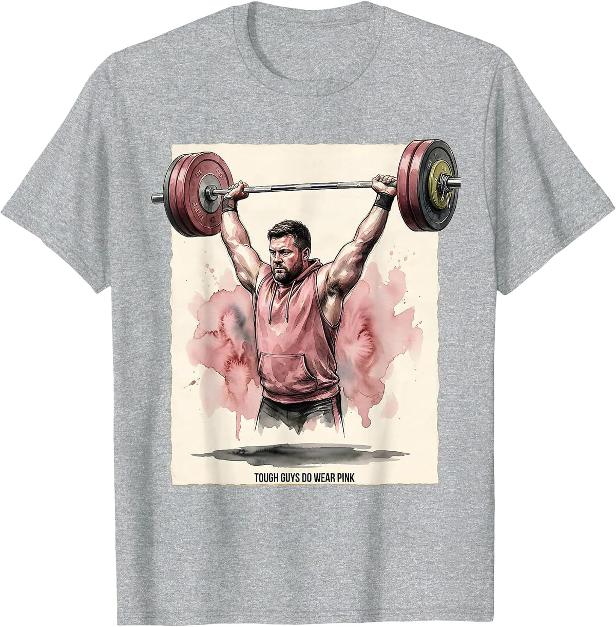 Men's Tough Guys Do Wear Pink Funny Weightlifter Watercolor Cancer T-Shirt - Heather Grey