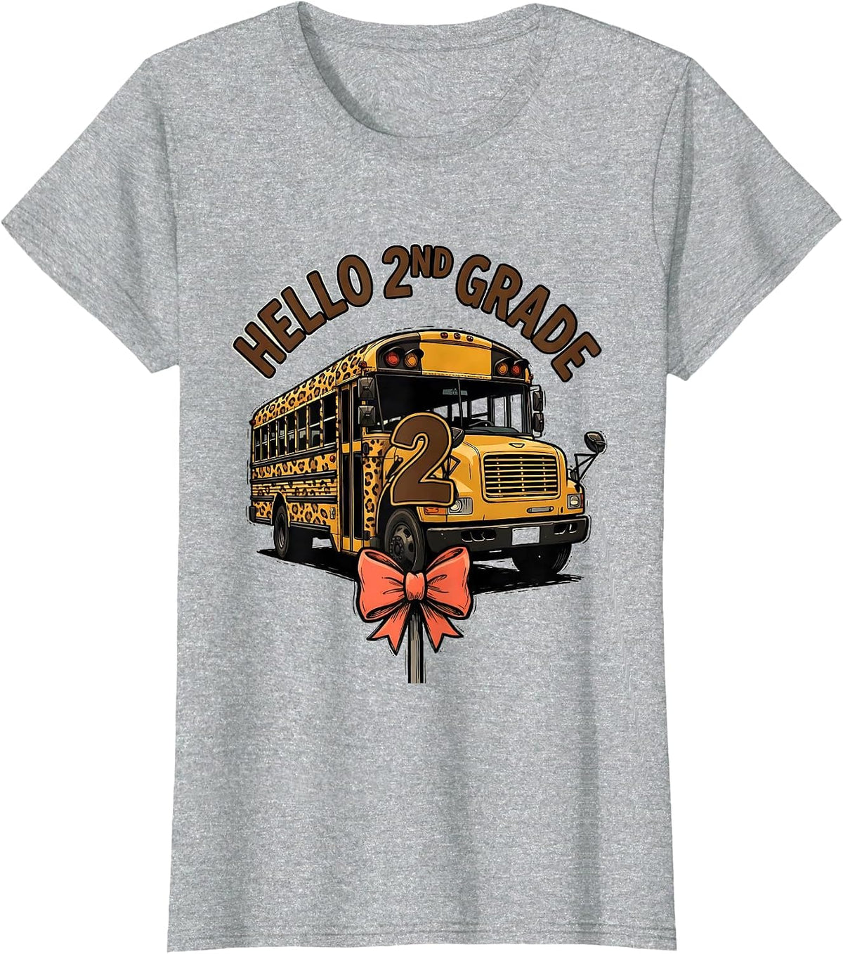 Hello 2nd Grade Leopard Rosette School Bus Back To School T-Shirt - Heather Grey