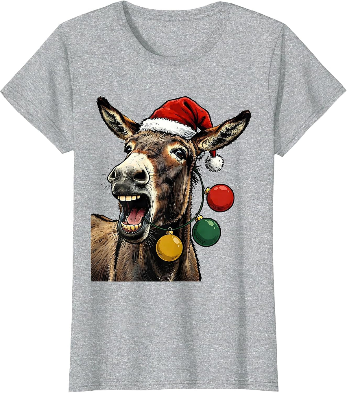 Women's Donkey Santa Hat Whimsical Farm Animal Christmas Novelty T-Shirt - Heather Grey