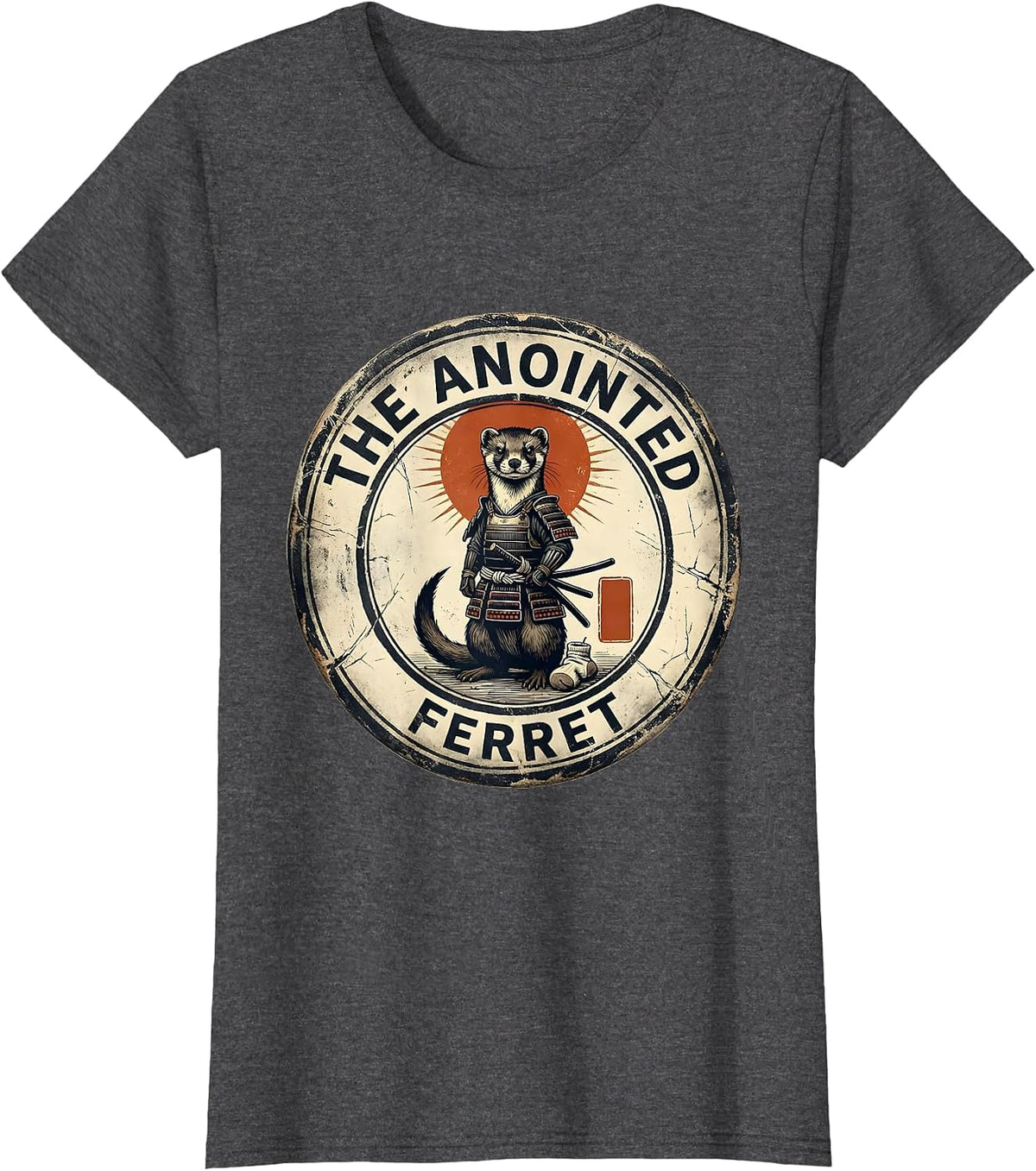 Women's The Anointed Ferret Distressed Samurai Ferret Anime Humor T-Shirt - Dark Heather Grey