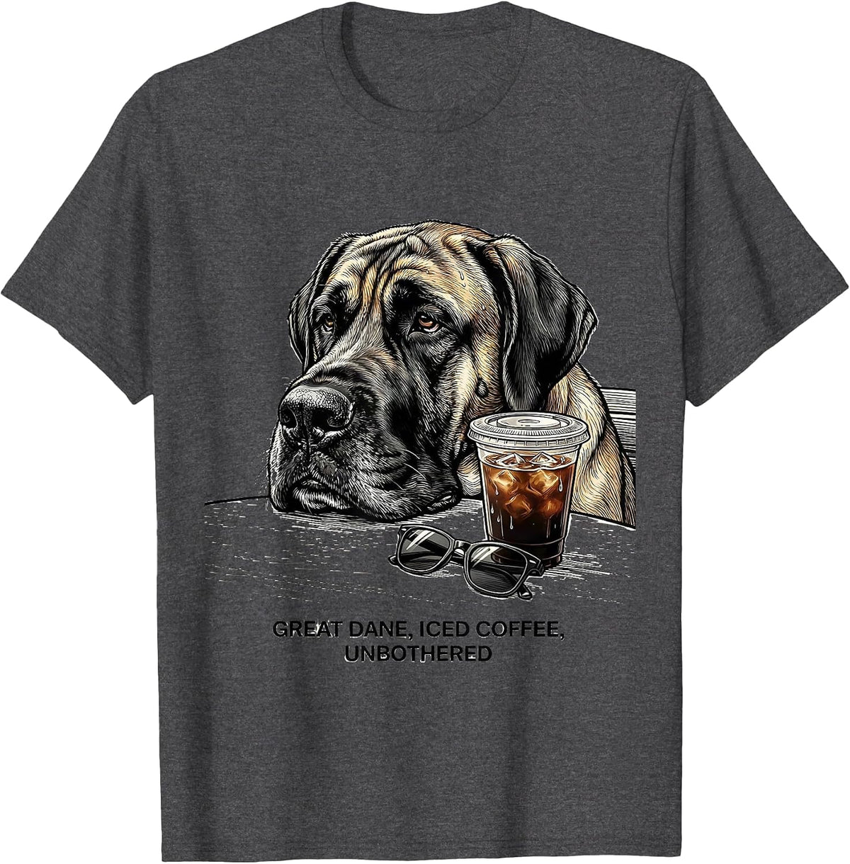 Men's Great Dane Iced Coffee Unbothered Funny Dog Lover Meme T-Shirt - Dark Heather Grey