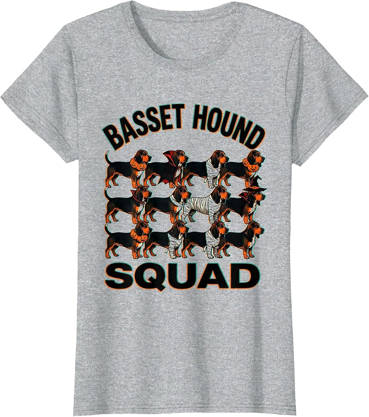 Women's Basset Hound Squad Halloween Pumpkin Vampire Mummy Witch Dog T-Shirt - Heather Grey